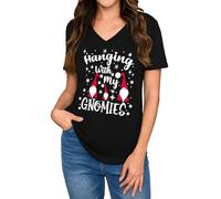 Gyabnw Camiseta Navideña Mujer Mangas Cortas Tops Estampados Moda Cuello en V Camisetas Navidad Clásico de Vacaciones Holgado y Cómodo Top