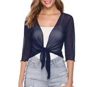 Gyabnw Cárdigan Mujer Bolero 3/4 Mangas Acanalado Verano Luz Elegante Chaqueta Corta Abierta Frente Ligero Transparente, Azul Marino-1, S