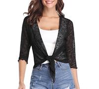 Gyabnw Cárdigan Mujer Bolero 3/4 Mangas Cárdigan Acanalado Verano Luz Elegante Chaqueta Corta Bolero Chaqueta Abierta Frente Cárdigan Ligero Transparente, Negro, S