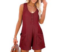 Gyaimxfu Mono Mujer Verano Sin Mangas Cuello en V Jumpsuit Corto Casual Sueltos Jumpsuit Petos Elegante Pierna Ancha Monos Tapeta de Botones Una Pieza Monos Pantalon con Bolsillos Playa Playsuit