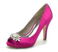 Gycdwjh Elegante Zapatos de Novia de de Tacón Alto Peep Toe Satén Slip on Sandalias con Plataforma de Fiesta para Bodas Mujer 10cm,Rose Red,40 EU