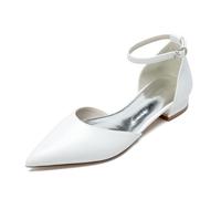 Gycdwjh Elegante Zapatos De Novia Tacon Bajo con Punta Cerrada Sandalias de Fiesta Comodos Mujer PU Correa De Tobillo Plana Zapatos De Boda,Blanca,38 EU