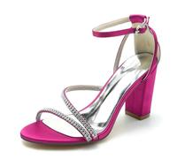 Gycdwjh Mujer Slip on Baile Sandalias con Tacón Ancho Satén Cristales Puntera Abierta Correa De Tobillo Zapatos de Vestir de Fiesta Boda 8.5cm,Rose Red,43 EU