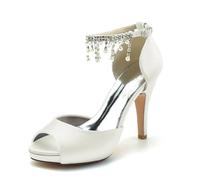 Gycdwjh Peep Toe Plataforma Zapatos Formales con Cinta 10cm Tacones para Noviaa con Perlas y Estrás Cadena de Tobillo Sandalias Elegantes para Mujer para Boda,Marfil,40 EU
