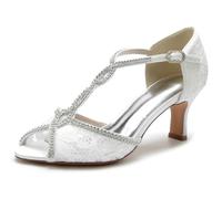 Gycdwjh Sandalias De Mujer Elegante Abierto Tira Tacon Gatito Tacones Altos Satén de Encaje Boca de Pez Verano Zapatos De Novia de Aguja con Rhinestones,Blanca,41 EU