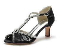 Gycdwjh Sandalias De Mujer Elegante Abierto Tira Tacon Gatito Tacones Altos Satén de Encaje Boca de Pez Verano Zapatos De Novia de Aguja con Rhinestones,Negro,41 EU