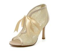 Gycdwjh Sandalias de Vestir para Mujer Encaje Peep Toe Correa de Tobillo Slip on Lazo Puntera Abierta Zapatos de Tacón Alto,Champagne,41 EU