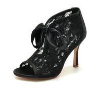 Gycdwjh Sandalias de Vestir para Mujer Encaje Peep Toe Correa de Tobillo Slip on Lazo Puntera Abierta Zapatos de Tacón Alto,Negro,40 EU