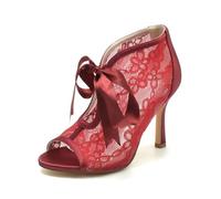 Gycdwjh Sandalias de Vestir para Mujer Encaje Peep Toe Correa de Tobillo Slip on Lazo Puntera Abierta Zapatos de Tacón Alto,Wine Red,42 EU