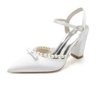 Gycdwjh Sandalias Mujer de Tacón Zapatos de Novia de Las Mujeres con Punta Correa de Tobillo Hebilla Satín Perla Moda Verano Tacón Ancho,Blanca,36 EU