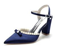 Gycdwjh Sandalias Mujer de Tacón Zapatos de Novia de Las Mujeres con Punta Correa de Tobillo Hebilla Satín Perla Moda Verano Tacón Ancho,Dark Blue,36 EU