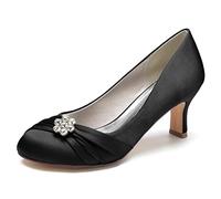 Gycdwjh Tacones de Gatito para Mujer 6.5cm Vestido de Noche de Satén Redondo Cerrado con Zapatos de Boda con Strass Slip-on Zapatos de Novia Fiesta,Negro,39 EU