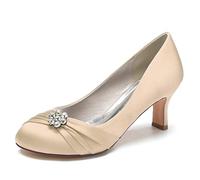 Gycdwjh Tacones de Gatito para Mujer 6.5cm Vestido de Noche de Satén Redondo Cerrado con Zapatos de Boda con Strass Slip-on Zapatos de Novia Fiesta,Champagne,42 EU