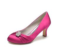 Gycdwjh Tacones de Gatito para Mujer 6.5cm Vestido de Noche de Satén Redondo Cerrado con Zapatos de Boda con Strass Slip-on Zapatos de Novia Fiesta,Rose Red,41 EU