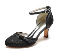 Gycdwjh Tacones de Gatito para Mujer con Lazo 6.5cm Vestido de Noche de Satén de Encaje Redondo Cerrado con Zapatos de Boda con Correa en el Tobillo,Negro,39 EU