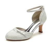 Gycdwjh Tacones de Gatito para Mujer con Lazo 6.5cm Vestido de Noche de Satén de Encaje Redondo Cerrado con Zapatos de Boda con Correa en el Tobillo,Marfil,42 EU