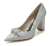 Gycdwjh Verano Elegante Zapatos De Novia Boda 8.5cm Zapatos De Tacón De Bloque De Cristal Punta Puntiaguda Alto Sin Cordones para Oficina Fiesta,Plata,36 EU
