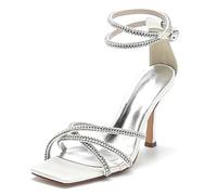 Gycdwjh Verano Zapatos de Tacón Mujer Cristal Punta Abierta Sandalias de Aguja 9.5CM Satén Puntera Cuadrada Zapatos de Novia de Fiesta,Marfil,36 EU