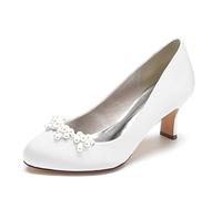 Gycdwjh Zapatos de Boda Puntera Cerrada para Mujer Tacón Medio con Perlas Sandalias Ronda Nupciales De Noche De Satén para Bodas, Fiestas, Bailes, escenas de Lujo,Blanca,43 EU