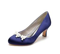 Gycdwjh Zapatos de Boda Puntera Cerrada para Mujer Tacón Medio con Perlas Sandalias Ronda Nupciales De Noche De Satén para Bodas, Fiestas, Bailes, escenas de Lujo,Dark Blue,38 EU