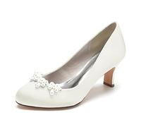 Gycdwjh Zapatos de Boda Puntera Cerrada para Mujer Tacón Medio con Perlas Sandalias Ronda Nupciales De Noche De Satén para Bodas, Fiestas, Bailes, escenas de Lujo,Marfil,39 EU