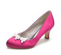 Gycdwjh Zapatos de Boda Puntera Cerrada para Mujer Tacón Medio con Perlas Sandalias Ronda Nupciales De Noche De Satén para Bodas, Fiestas, Bailes, escenas de Lujo,Rose Red,41 EU