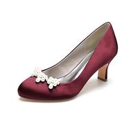 Gycdwjh Zapatos de Boda Puntera Cerrada para Mujer Tacón Medio con Perlas Sandalias Ronda Nupciales De Noche De Satén para Bodas, Fiestas, Bailes, escenas de Lujo,Burgundy,43 EU