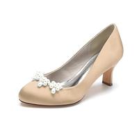 Gycdwjh Zapatos de Boda Puntera Cerrada para Mujer Tacón Medio con Perlas Sandalias Ronda Nupciales De Noche De Satén para Bodas, Fiestas, Bailes, escenas de Lujo,Champagne,42 EU