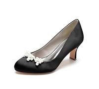 Gycdwjh Zapatos de Boda Puntera Cerrada para Mujer Tacón Medio con Perlas Sandalias Ronda Nupciales De Noche De Satén para Bodas, Fiestas, Bailes, escenas de Lujo,Negro,40 EU