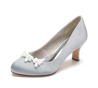 Gycdwjh Zapatos de Boda Puntera Cerrada para Mujer Tacón Medio con Perlas Sandalias Ronda Nupciales De Noche De Satén para Bodas, Fiestas, Bailes, escenas de Lujo,Plata,40 EU