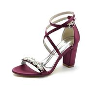 Gycdwjh Zapatos De Novia Boda Tacón Grueso Satén Peep Toe Tacones Altos Correa Cruzada al Tobillo 8.5cm Sandalias De Tacón para Vestido De Fiesta, Noche, Graduación,Burgundy,38 EU