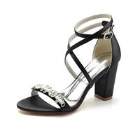 Gycdwjh Zapatos De Novia Boda Tacón Grueso Satén Peep Toe Tacones Altos Correa Cruzada al Tobillo 8.5cm Sandalias De Tacón para Vestido De Fiesta, Noche, Graduación,Negro,36 EU
