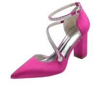 Gycdwjh Zapatos De Novia para Mujer 8.5cm Pedrería S Correa de Tobillo Bloque De Tacón Punta Puntiaguda Satén Slip on Tacones con Punta Cerrada,Rose Red,35 EU