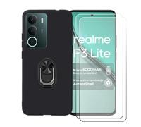 GYDQQKJ Funda para Realme P3 Lite 4G (6.67") + [2X Protector de Pantalla Protectora Vidrio Cristal Film Templado], Negro Suave TPU Silicona Cover Carcasa Caso Case (Negro Anillo Soporte)