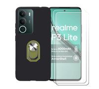 GYDQQKJ Funda para Realme P3 Lite 4G (6.67") + [2X Protector de Pantalla Protectora Vidrio Cristal Film Templado], Negro Suave TPU Silicona Cover Carcasa Caso Case (Verde Anillo Soporte)