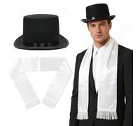 GYIOFAI 2 Piezas Sombrero Chistera De Copa De Fieltro Satén, Sombrero De Copa, Chal De Raso Blanco, Gorro De Ronda Mago, Accesorio Para Una Gala, Fiesta De Disfraces O Carnaval (Negro, Blanco)