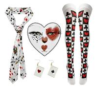 GYIOFAI 4 piezas Disfraz de Reina de Corazones Accesorios señora, accesorios de disfraz de reina de corazones con Poquer Corazones Cara Pegatinas Corbata Calcetines hasta La Rodilla aretes