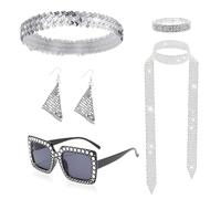 GYIOFAI 5 Piezas Accesorios de Discoteca Kit, Bandas, Anteojos de Sol, Bufanda, Pendientes, Rhinestone Pulsera, Disfraces de Discoteca Accesorios para Hippie Carnaval Fiesta Suministros de (Plata)