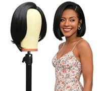 GYIOFAI Peluca Corta Ondulada Bob Negro, 12 Pulgadas/30 cm Raya Lateral Pelo Sintético Corto y Liso, Pelucas con Pelo Hasta Los Hombros para Cosplay Fiestas y Uso Diario (Negro)