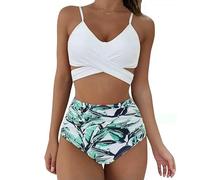 Gyios bañador Conjunto De Bikini Fruncido Cintura Alta - Traje Baño Brasileño con Frente Cruzado para Mujer 2 Piezas Floral Sólido Vacaciones En La Piscina Playa-645777206839a-m