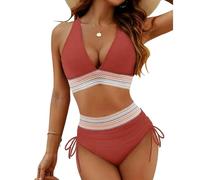 Gyios bañador Conjunto De Bikini Sexy con Cuello En V Profundo para Mujer - Traje Baño Triangular Cintura Alta Cojín El Pecho Playa, Piscina, Vacaciones Verano-Rojo Ladrillo-XL
