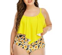 Gyios bañador Tankini De Ruffle Amarillo Soleado - Mujeres Plus Size Flounce Swim Top con Girasol Cintura Alta, Conjunto Control del Abdomen-yellow2 Tankini-2xl