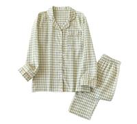 Gyios Pijama Conjunto De Pareja Primavera Verano Gasa Doble Capa Algodón Cuadros Manga Larga para Hombres Y Mujeres Furia En El Hogar-01 - Mujeres-XL