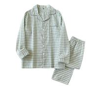 Gyios Pijama Conjunto De Pareja Primavera Verano Gasa Doble Capa Algodón Cuadros Manga Larga para Hombres Y Mujeres Furia En El Hogar-02- Hombres-l