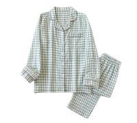 Gyios Pijama Conjunto De Pareja Primavera Verano Gasa Doble Capa Algodón Cuadros Manga Larga para Hombres Y Mujeres Furia En El Hogar-03 - Mujeres-m