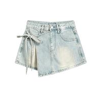 Gyios Shorts Vaqueros Mujer Mujeres Cintura Alta Denim Skort Vintage Lavado Corbata Lateral Irregular Envoltura Mini Jean Falda Pantalones Cortos-Light Blue-XL