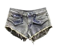 Gyios Shorts Vaqueros Mujer Mujeres De Cintura Baja Ácido Lavado Denim Pantalones Cortos Calientes Retro Solapa Bolsillos Franja Cruda Y2k Club Streetwear-Blue-s