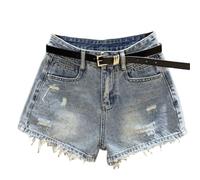 Gyios Shorts Vaqueros Mujer Pantalones Cortos De Denim Rasgados Cintura Alta Mujeres A-Line Raw Fringe Wide Leg Jean Shorts-Light Blue- M