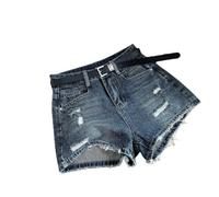 Gyios Shorts Vaqueros Mujer Pantalones Cortos De Denim Rasgados Cintura Alta Mujeres A-Line Raw Fringe Wide Leg Jean Shorts-Dark Blue - M