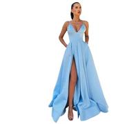 Gyios Vestidos de Fiesta Mujer Elegantes V Vestido De Noche De Satén con Cuello Vestido De Espagueti Correa Lateral Vestida De Baile De Graduación Vestidos De Fiesta De La Noche-Cielo Azul-XXL